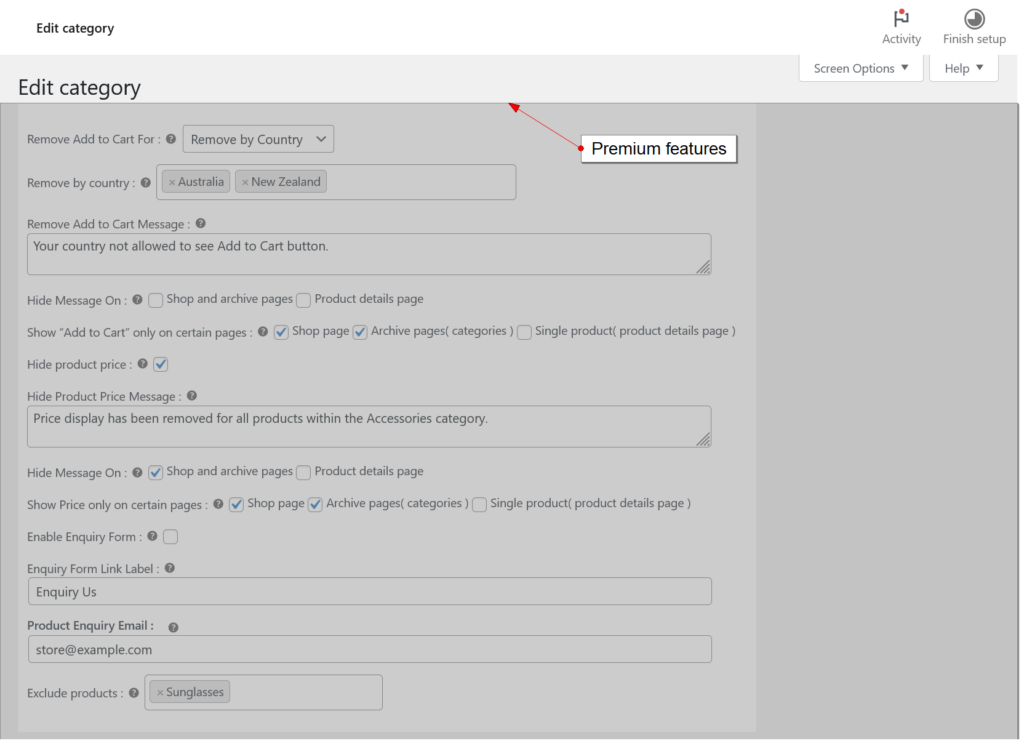 Settings for category