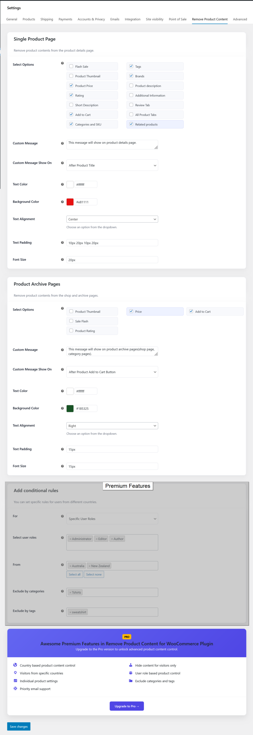 Remove product contents for specific user roles for selected countries