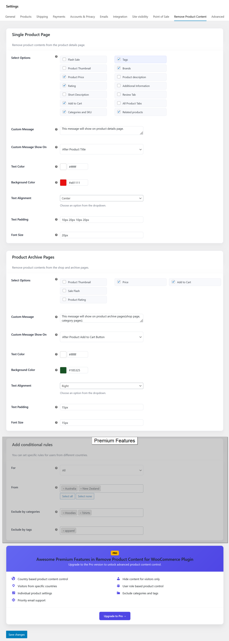 Remove product content for all users based on selected countries