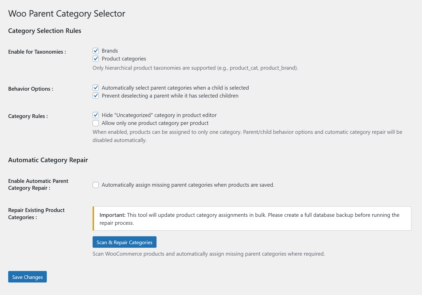 Woo Parent Category Selector Settings